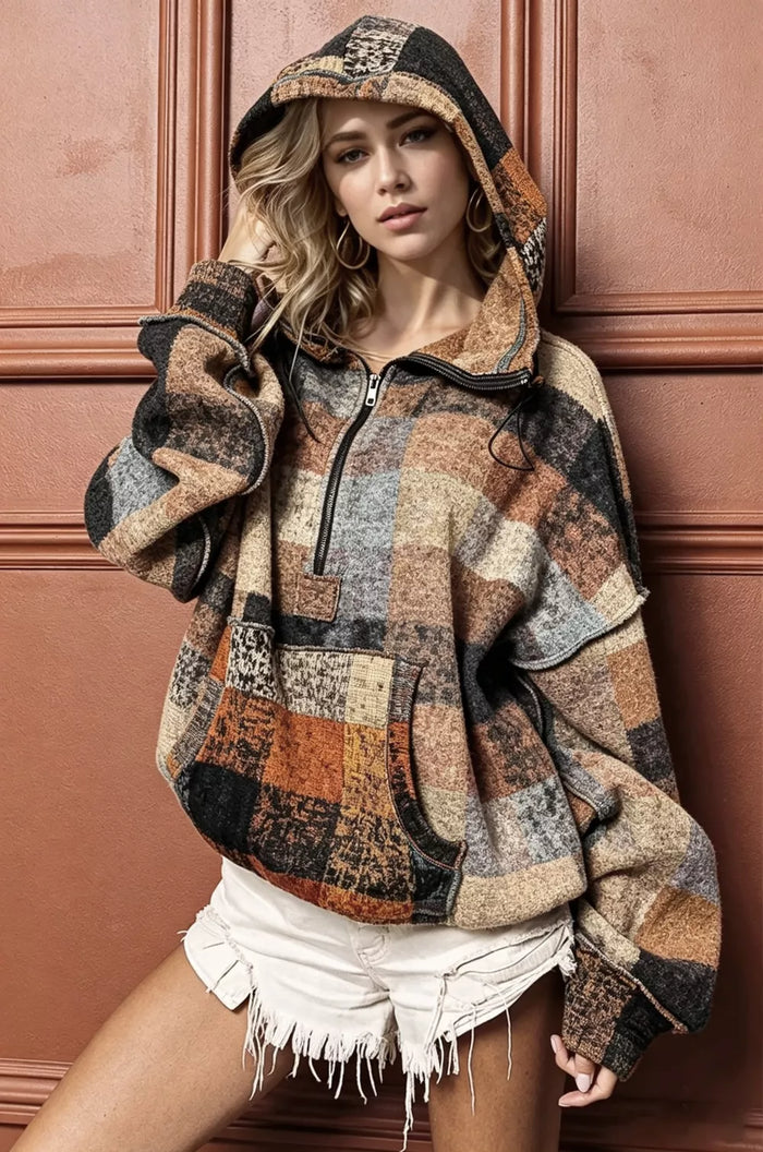 Double Take Full Size Half Zip Exposed Seam Fleece Hoodie